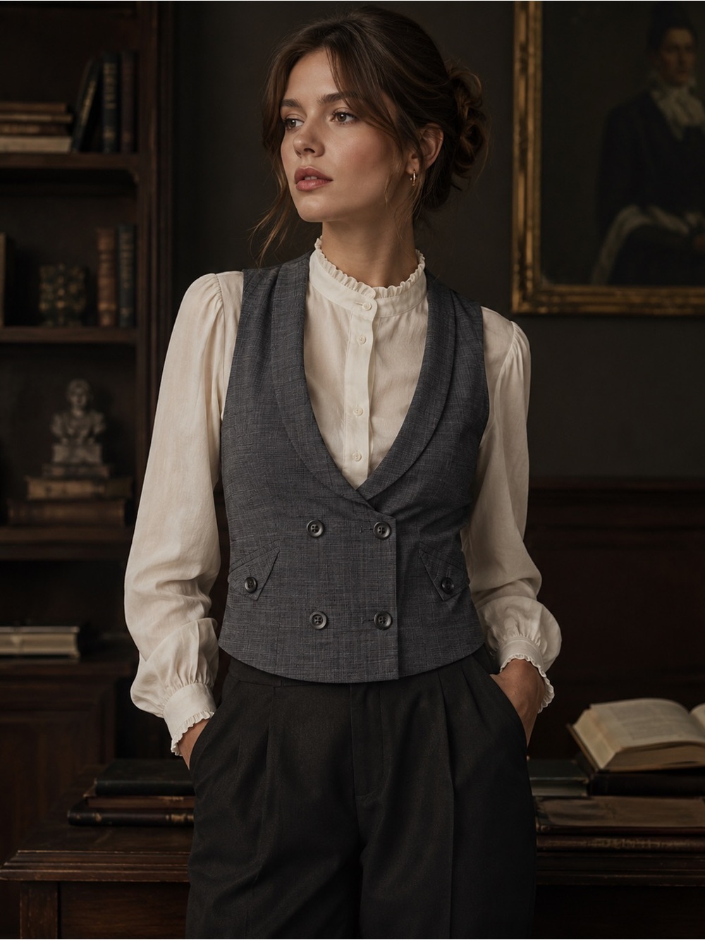 Wool-Blend Double-Breasted Gray Vest - Classic Women's Waistcoat